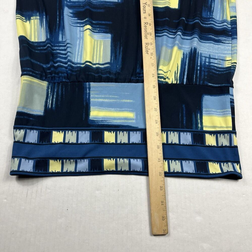 BCBGMaxAzria Blue Yellow Abstract Print Sheath Dress M Artsy Mod Sleek Casual - Picture 6 of 10
